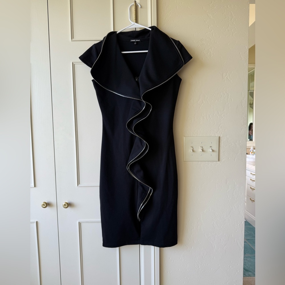 Samuel Dong Zipper Ruffle Sheath Dress Sleeveless Stretch Black Women's S